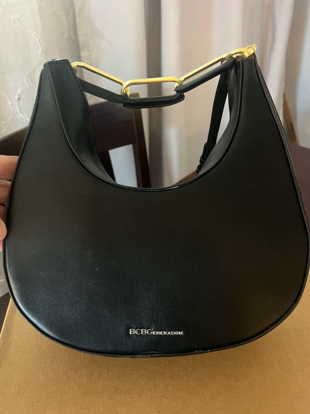 BCBGeneration Black Crescent Shoulder Bag with Gold-Tone Handle